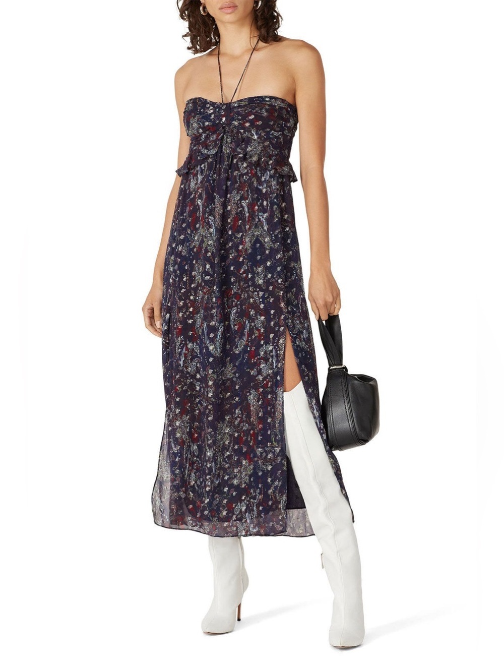 IRO Somov Navy Floral Strapless Maxi Tie Detail FR 36 US 4 Small